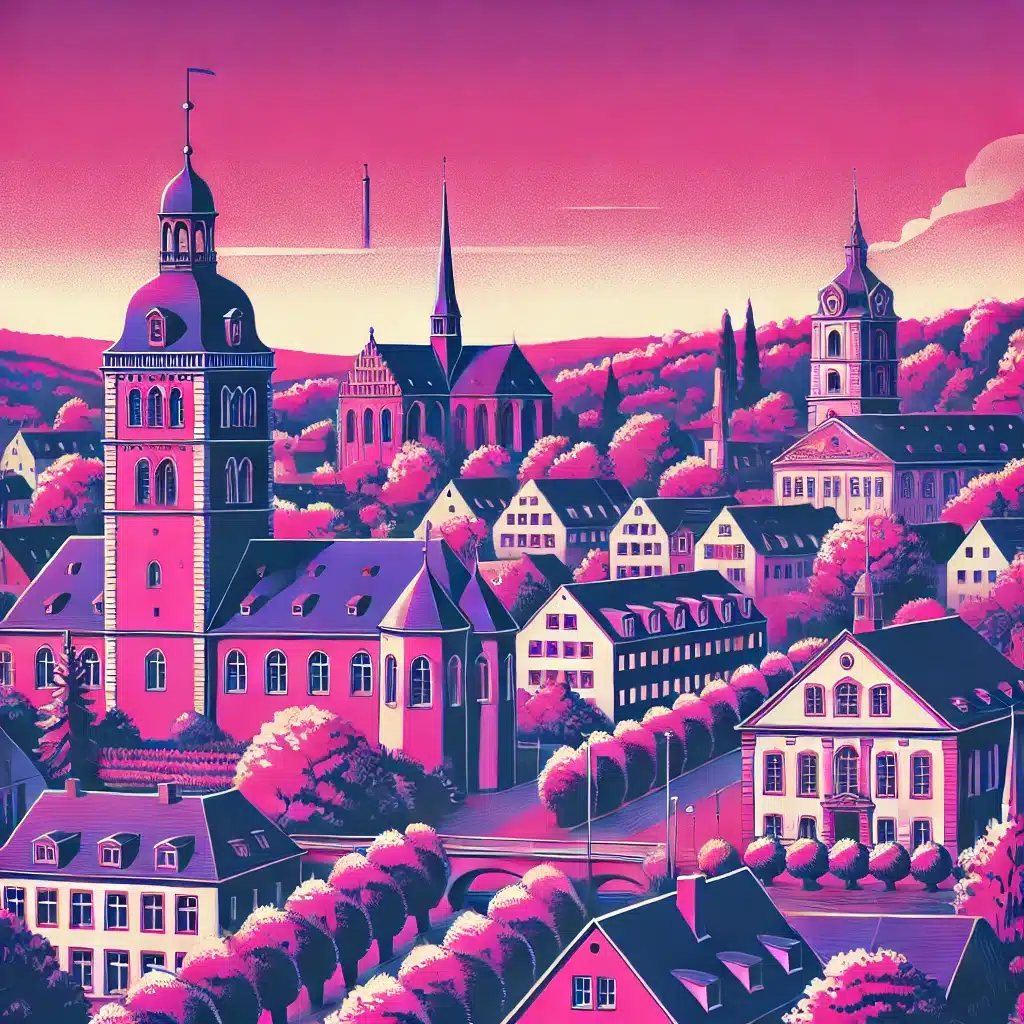 dall·e 2024 11 28 15.00.39 ein künstlerisches bild der stadt lahr in deutschland, dargestellt in den farben magenta und hellblau. es zeigt markante gebäude und wahrzeichen wie d