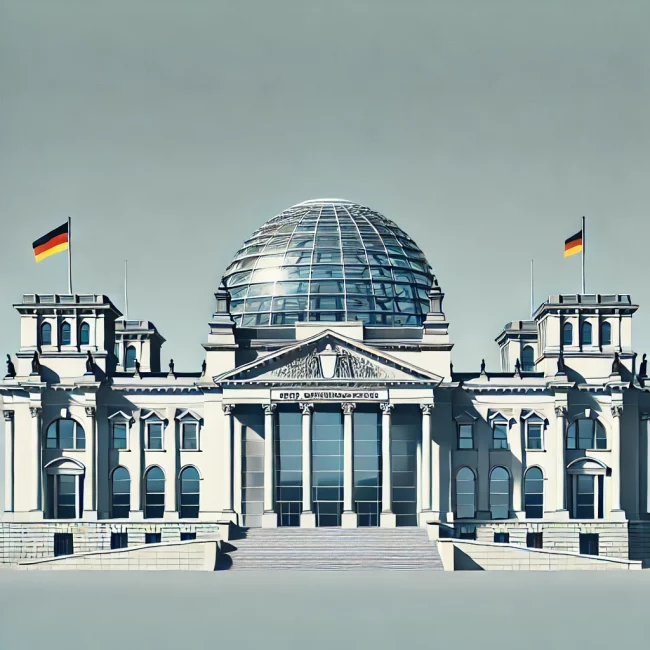 dall·e 2024 12 05 16.11.04 eine stilisierte darstellung des deutschen bundestagsgebäudes in berlin, ohne text. die architektur ist klar erkennbar, mit fokus auf die berühmte gla