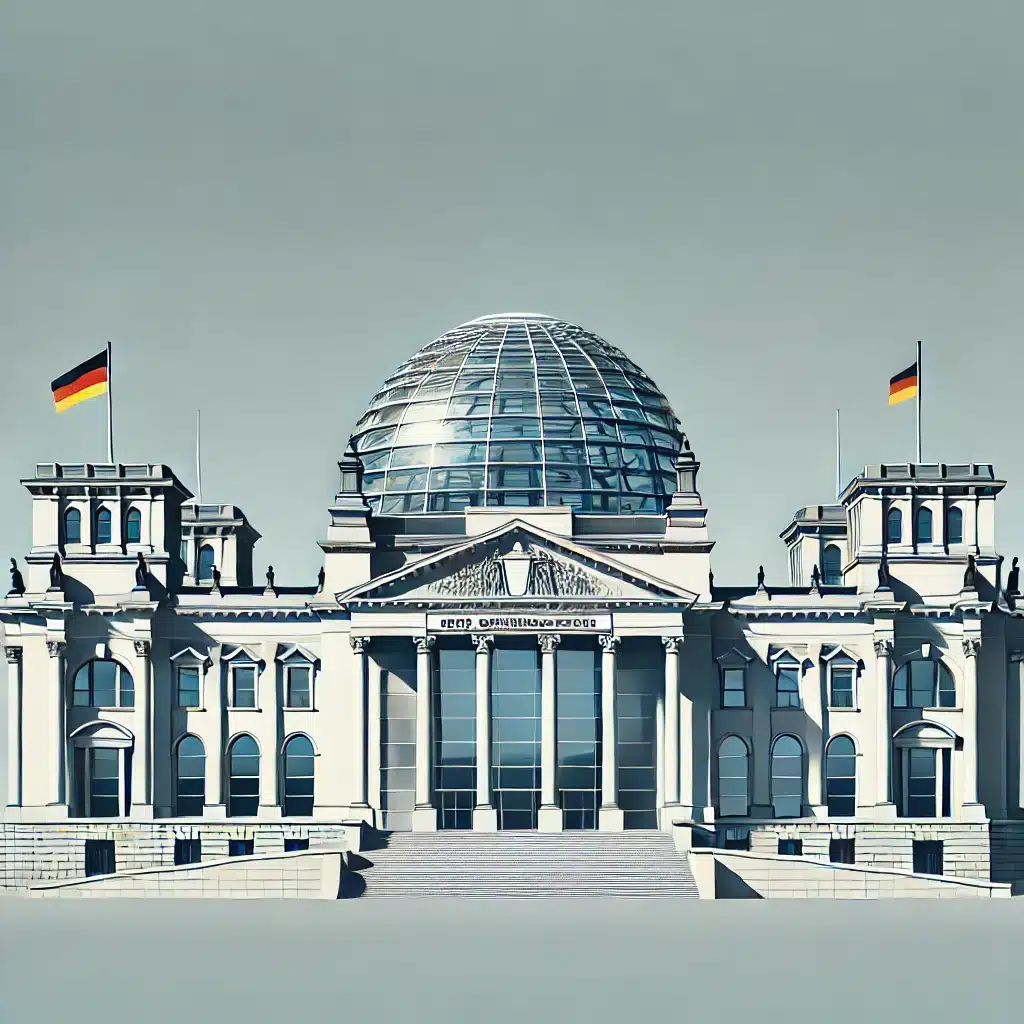 dall·e 2024 12 05 16.11.04 eine stilisierte darstellung des deutschen bundestagsgebäudes in berlin, ohne text. die architektur ist klar erkennbar, mit fokus auf die berühmte gla